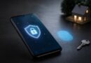 Ponsel Android dengan simbol biometrik dan kunci digital yang menggambarkan perlindungan akun serta passkey