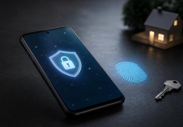 Ponsel Android dengan simbol biometrik dan kunci digital yang menggambarkan perlindungan akun serta passkey