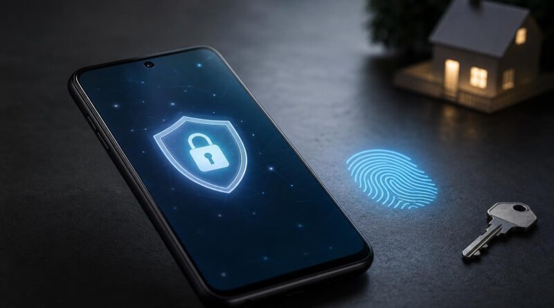 Ponsel Android dengan simbol biometrik dan kunci digital yang menggambarkan perlindungan akun serta passkey
