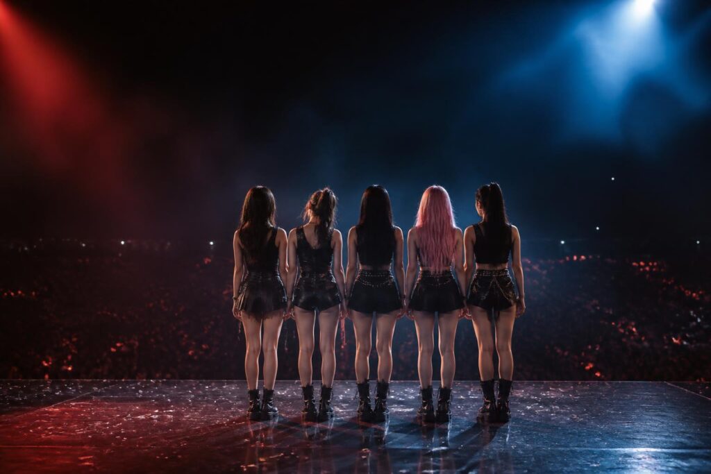 Panggung konser dengan siluet grup perempuan K-pop dan sorotan lampu merah serta biru setelah tur dunia