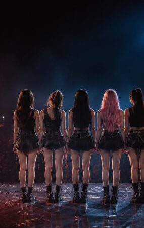 Panggung konser dengan siluet grup perempuan K-pop dan sorotan lampu merah serta biru setelah tur dunia