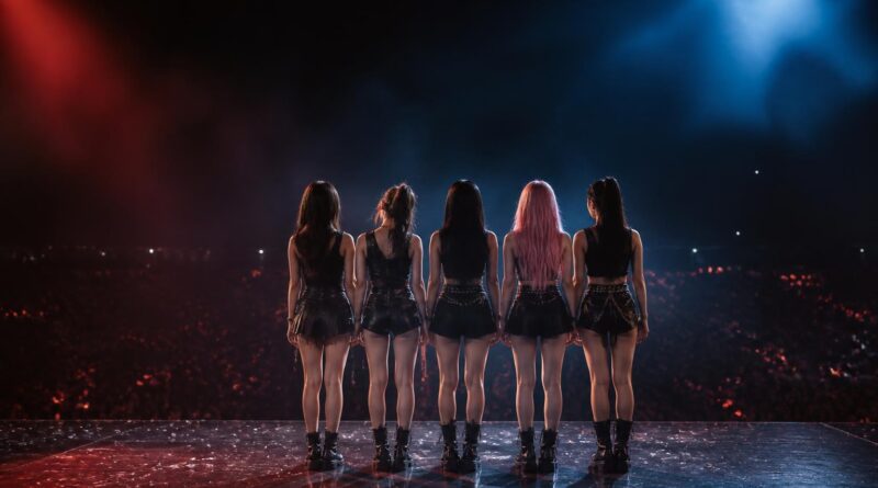 Panggung konser dengan siluet grup perempuan K-pop dan sorotan lampu merah serta biru setelah tur dunia
