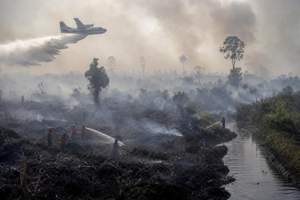 Asap mengepul di atas kawasan hutan dan lahan terbakar dengan pesawat pemadam beroperasi di kejauhan