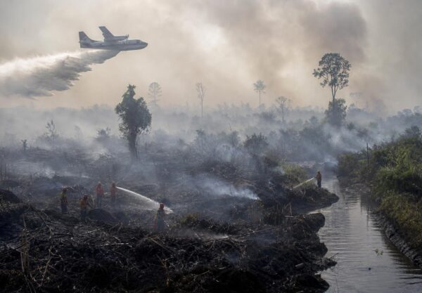 Asap mengepul di atas kawasan hutan dan lahan terbakar dengan pesawat pemadam beroperasi di kejauhan