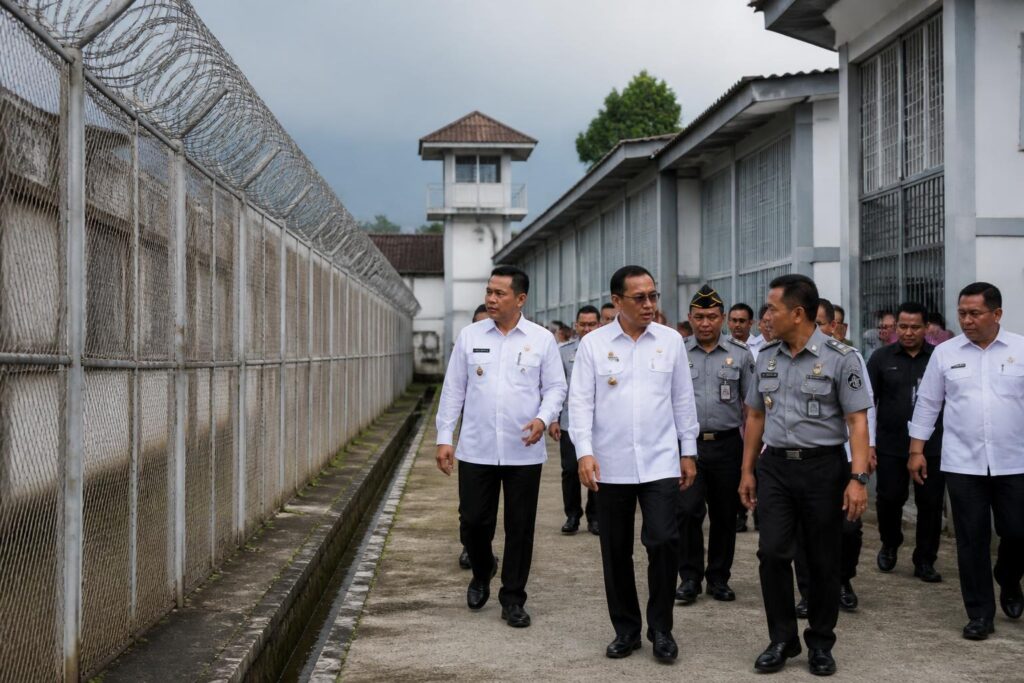 Petugas melakukan pemeriksaan di area luar sebuah lembaga pemasyarakatan di Bogor