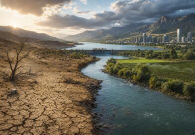 Lanskap kering dengan retakan tanah yang beralih menjadi sungai, lahan pertanian, dan kota sebagai gambaran tekanan air global