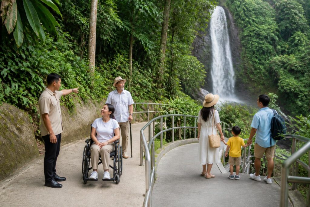 Wisatawan pengguna kursi roda dan keluarga menikmati destinasi alam dengan jalur landai dan akses yang aman