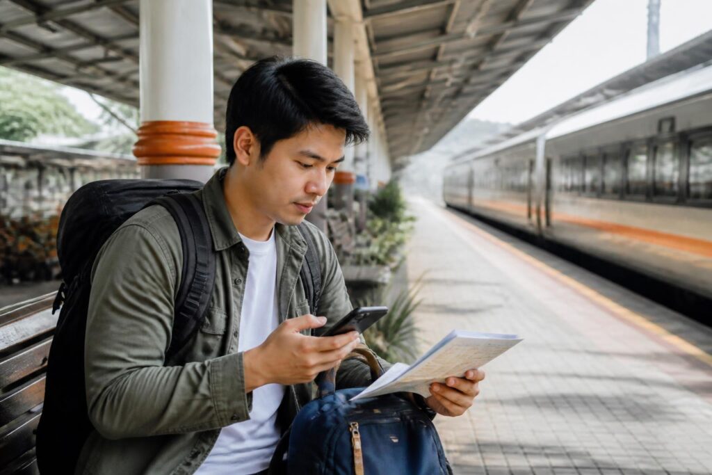 Pelancong solo memeriksa rencana perjalanan dan telepon di stasiun