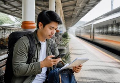 Pelancong solo memeriksa rencana perjalanan dan telepon di stasiun