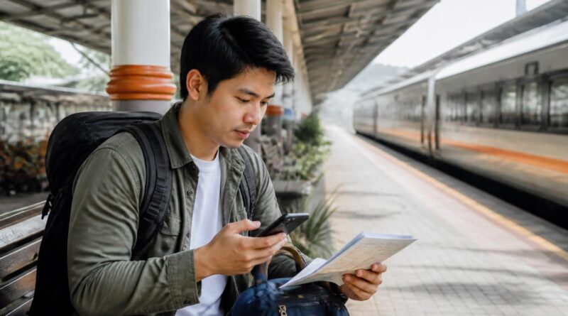 Pelancong solo memeriksa rencana perjalanan dan telepon di stasiun