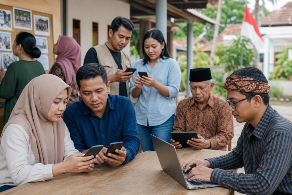 Warga berdiskusi dan memeriksa informasi pemilu menggunakan perangkat digital dalam suasana komunitas