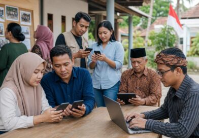 Warga berdiskusi dan memeriksa informasi pemilu menggunakan perangkat digital dalam suasana komunitas