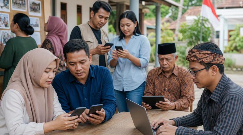 Warga berdiskusi dan memeriksa informasi pemilu menggunakan perangkat digital dalam suasana komunitas