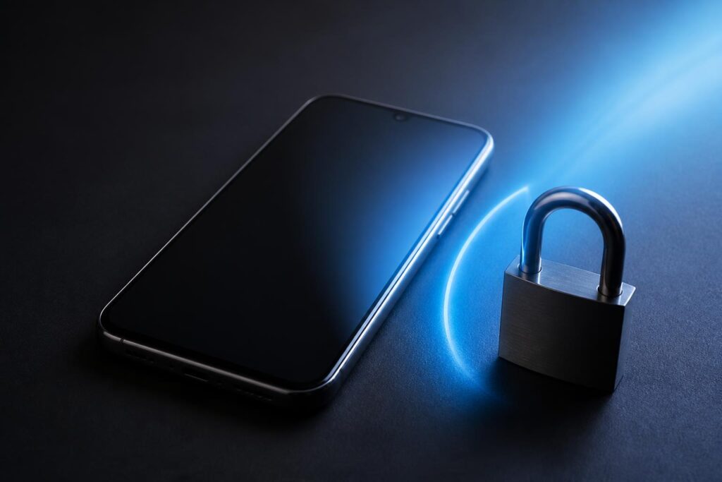 Ponsel Android dengan simbol gembok yang menggambarkan perlindungan dari pencurian