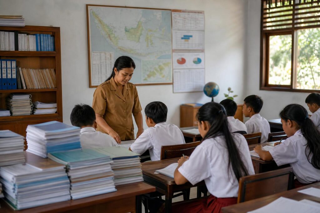 Guru mengajar siswa di ruang kelas Indonesia sebagai ilustrasi pembahasan tata kelola dan rekrutmen guru