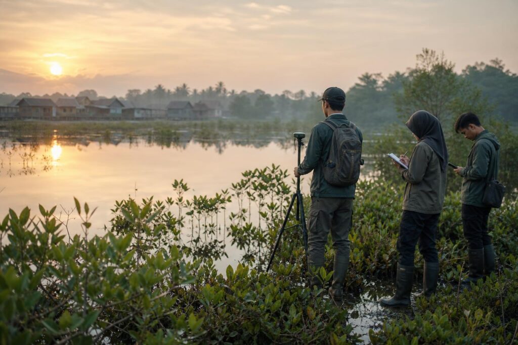 Ekosistem gambut dan vegetasi mangrove dengan peneliti memantau kawasan dari dekat desa