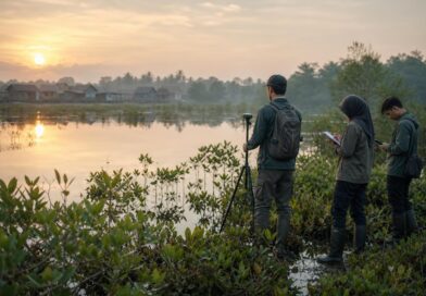 Ekosistem gambut dan vegetasi mangrove dengan peneliti memantau kawasan dari dekat desa