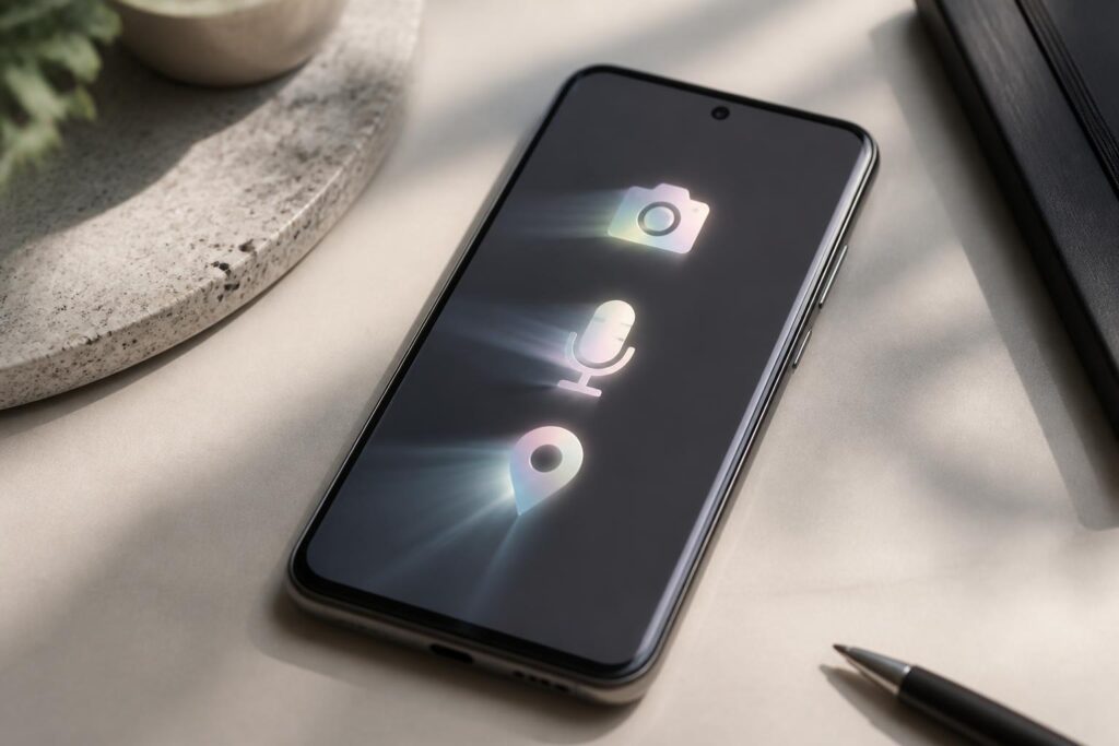 Ponsel Android di atas meja dengan simbol abstrak kamera, mikrofon, dan lokasi yang menggambarkan pemeriksaan privasi