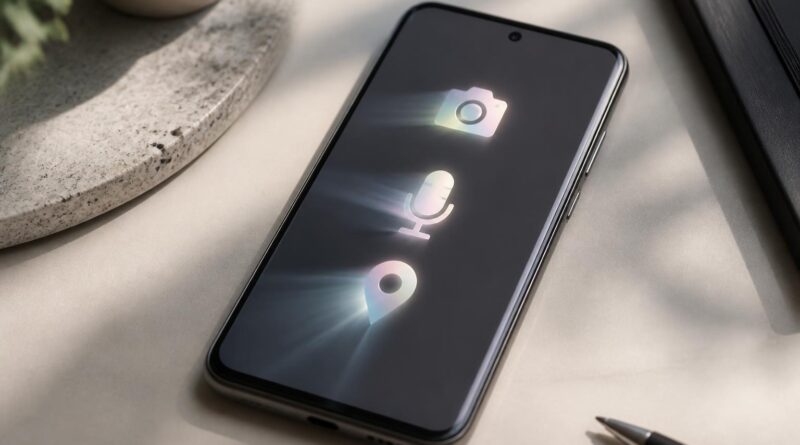 Ponsel Android di atas meja dengan simbol abstrak kamera, mikrofon, dan lokasi yang menggambarkan pemeriksaan privasi