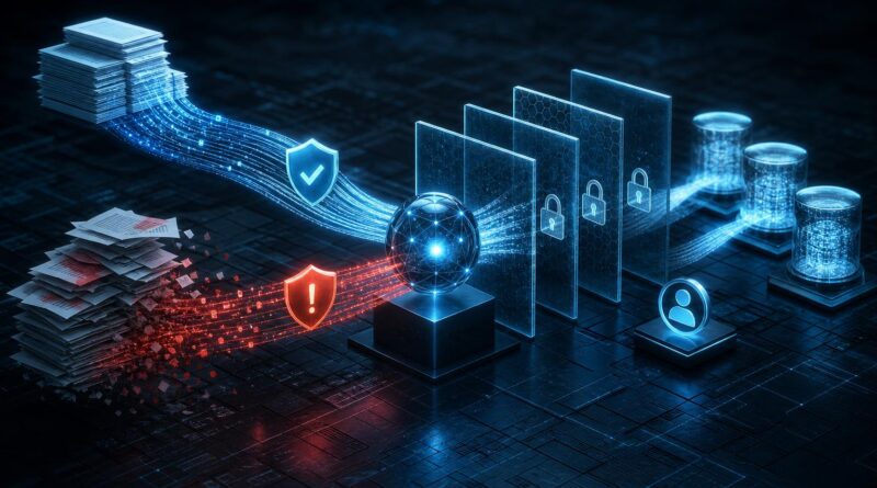 Ilustrasi AI agent yang memproses data eksternal di balik lapisan kontrol keamanan dan pembatasan akses