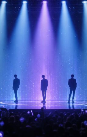 Ilustrasi panggung musik dengan sorotan cahaya dan elemen data digital yang menggambarkan pemeringkatan artis K-pop