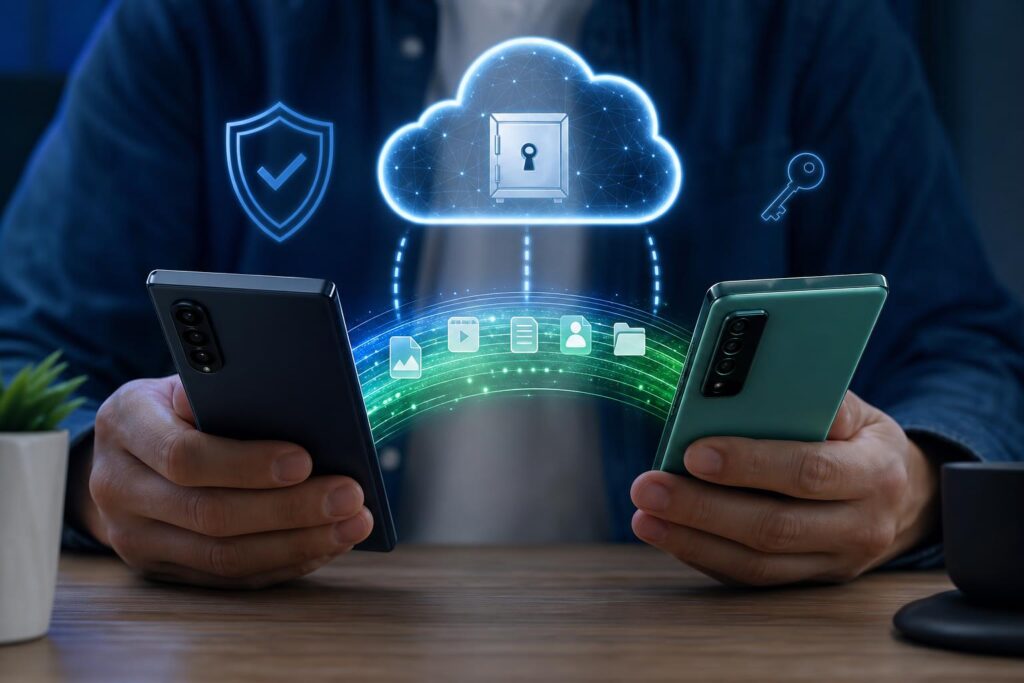 Ilustrasi perpindahan akses aplikasi dari ponsel Android lama ke ponsel baru dengan simbol keamanan dan pencadangan cloud