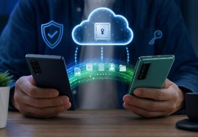 Ilustrasi perpindahan akses aplikasi dari ponsel Android lama ke ponsel baru dengan simbol keamanan dan pencadangan cloud
