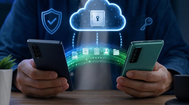 Ilustrasi perpindahan akses aplikasi dari ponsel Android lama ke ponsel baru dengan simbol keamanan dan pencadangan cloud
