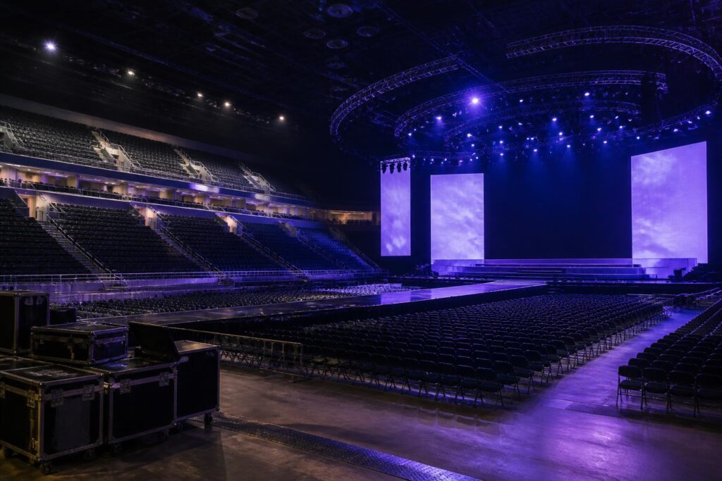 Panggung konser arena yang kosong dengan pencahayaan biru dan ungu serta perlengkapan produksi di sisi belakang