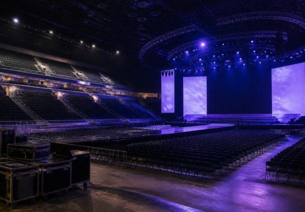 Panggung konser arena yang kosong dengan pencahayaan biru dan ungu serta perlengkapan produksi di sisi belakang
