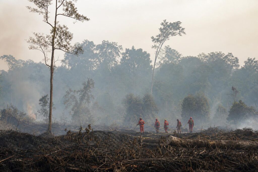 Lahan dan hutan di Kalimantan Barat tertutup kabut asap dengan aktivitas penanganan kebakaran di kejauhan