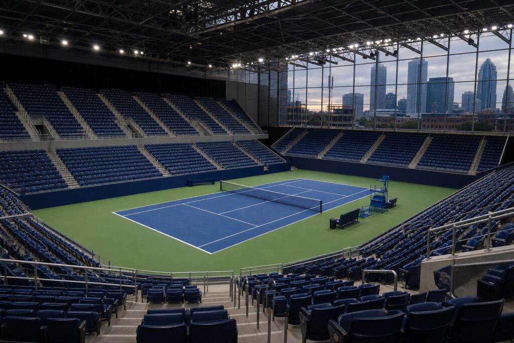 Lapangan tenis di dalam arena modern yang disiapkan untuk turnamen tenis putri di Charlotte