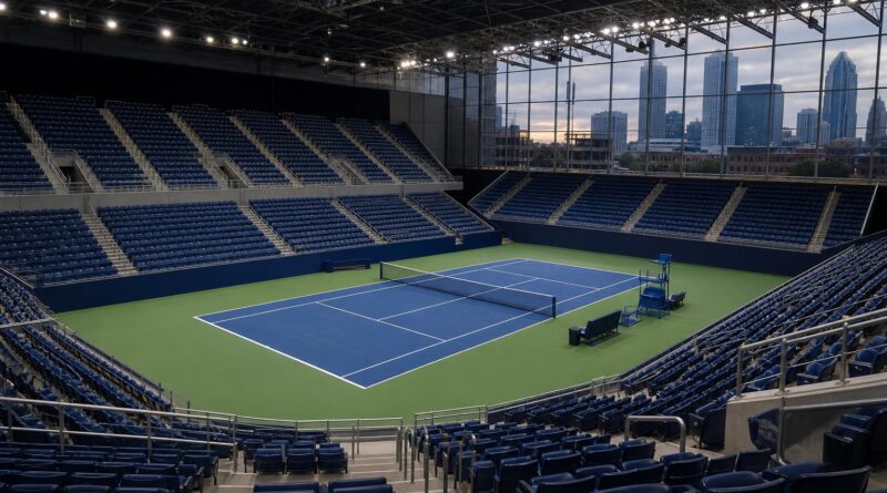 Lapangan tenis di dalam arena modern yang disiapkan untuk turnamen tenis putri di Charlotte