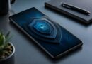 Ponsel Android dengan ilustrasi perisai keamanan berlapis di atas meja