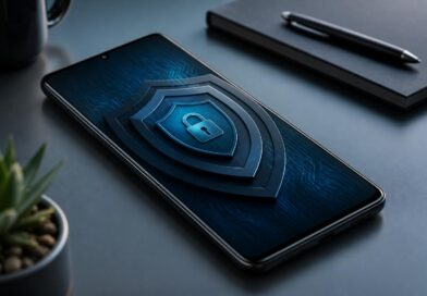 Ponsel Android dengan ilustrasi perisai keamanan berlapis di atas meja