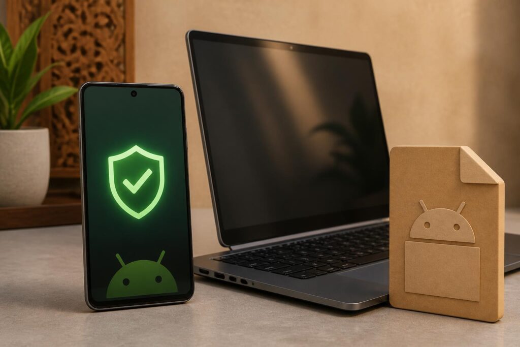 Ponsel Android dan laptop dengan simbol perisai keamanan yang menggambarkan pemeriksaan identitas pengembang aplikasi
