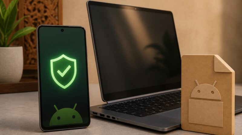 Ponsel Android dan laptop dengan simbol perisai keamanan yang menggambarkan pemeriksaan identitas pengembang aplikasi