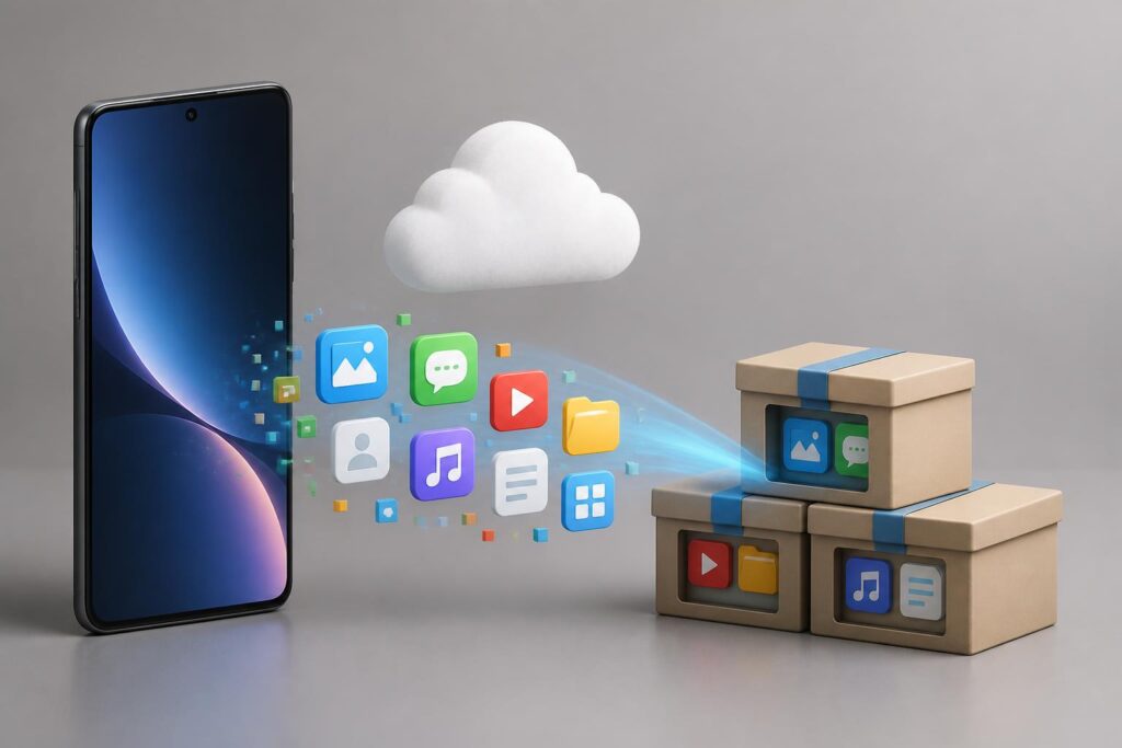 Ponsel Android dengan ikon aplikasi yang diredupkan dan simbol penyimpanan yang lebih lega