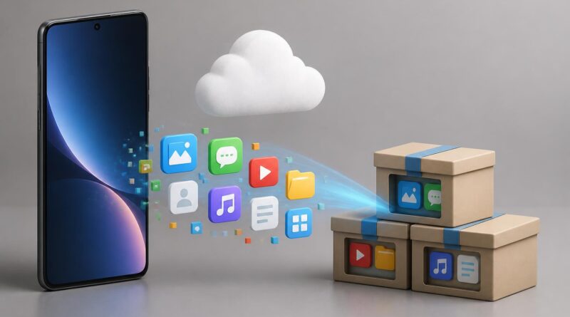 Ponsel Android dengan ikon aplikasi yang diredupkan dan simbol penyimpanan yang lebih lega
