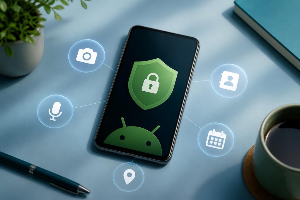 Ponsel Android dengan ilustrasi perisai privasi dan ikon kamera, mikrofon, lokasi, kontak, serta kalender