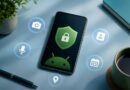 Ponsel Android dengan ilustrasi perisai privasi dan ikon kamera, mikrofon, lokasi, kontak, serta kalender