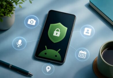 Ponsel Android dengan ilustrasi perisai privasi dan ikon kamera, mikrofon, lokasi, kontak, serta kalender