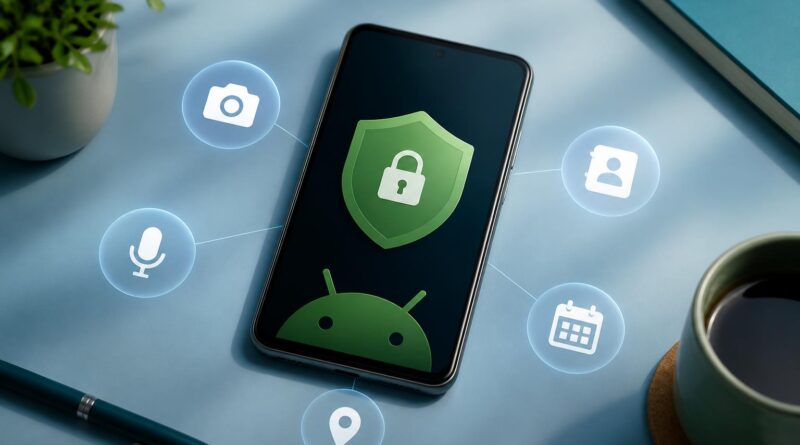 Ponsel Android dengan ilustrasi perisai privasi dan ikon kamera, mikrofon, lokasi, kontak, serta kalender