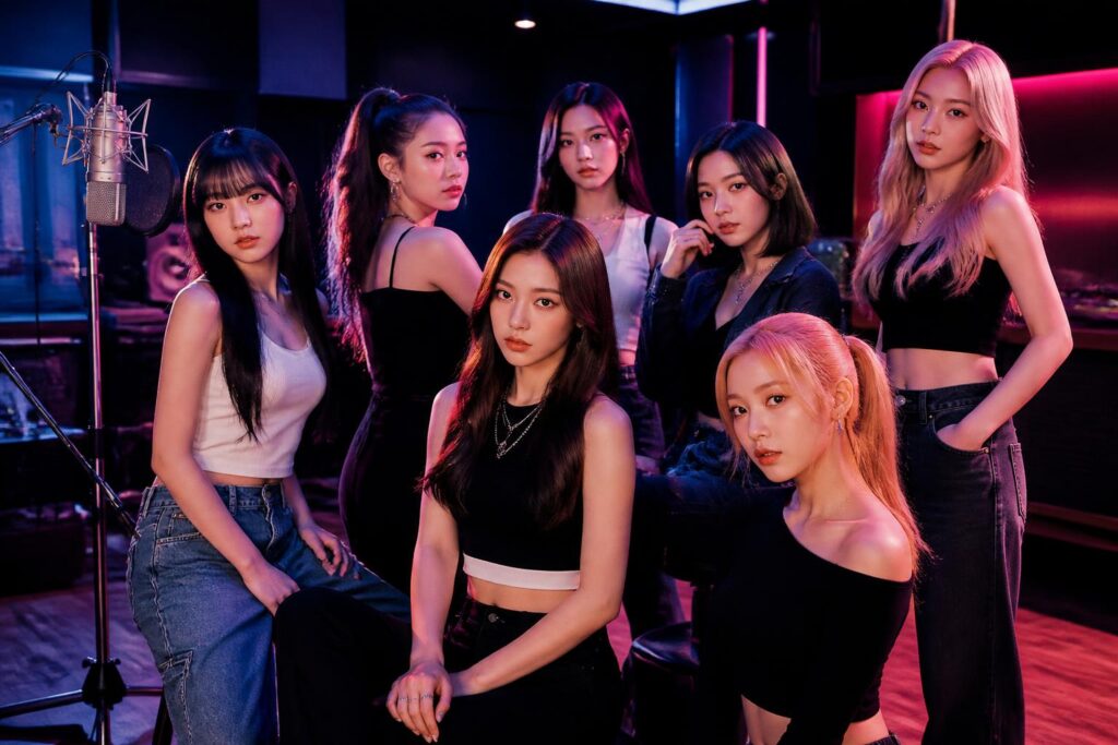 Ilustrasi grup vokal perempuan mempersiapkan comeback musik di studio dengan pencahayaan biru dan magenta