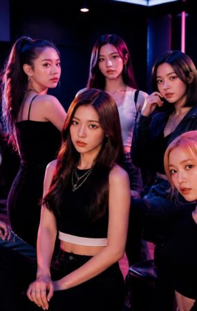 Ilustrasi grup vokal perempuan mempersiapkan comeback musik di studio dengan pencahayaan biru dan magenta