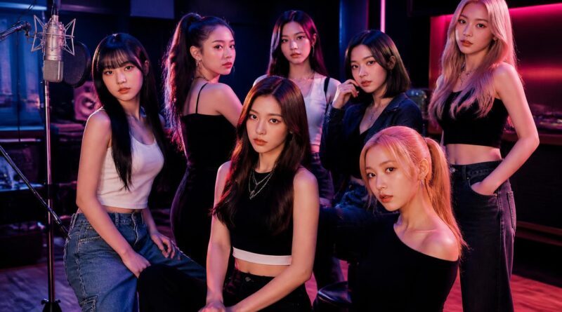 Ilustrasi grup vokal perempuan mempersiapkan comeback musik di studio dengan pencahayaan biru dan magenta