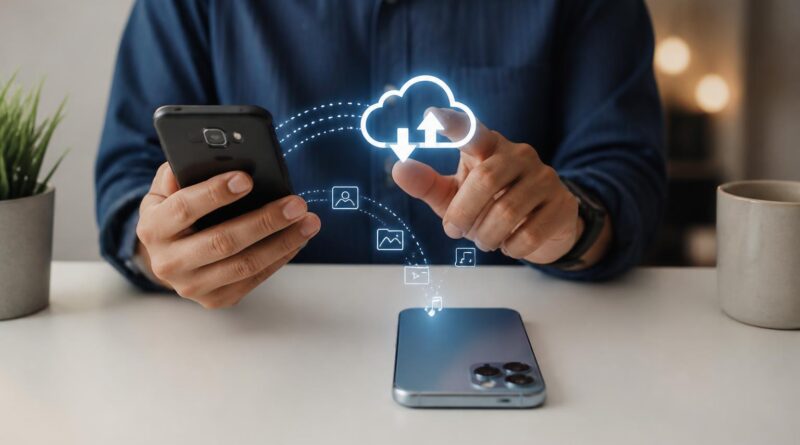 Dua ponsel di atas meja yang menggambarkan persiapan pencadangan data sebelum mengganti perangkat