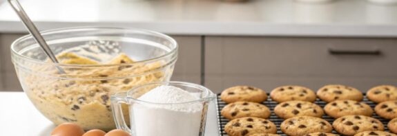 Mangkuk berisi adonan kue mentah, tepung dan telur yang dipisahkan dari kue matang di dapur