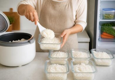 Nasi matang dipindahkan dari rice cooker ke wadah dangkal untuk didinginkan sebelum disimpan di kulkas
