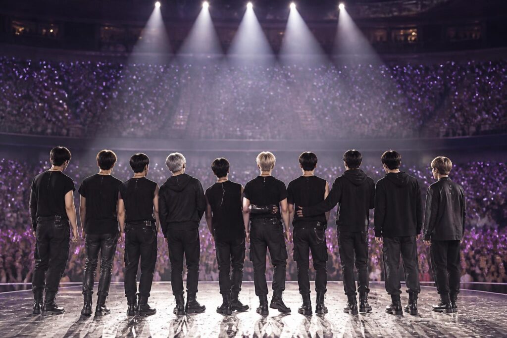 Suasana konser K-pop dengan para penggemar memegang cahaya ungu dan panggung yang diterangi lampu
